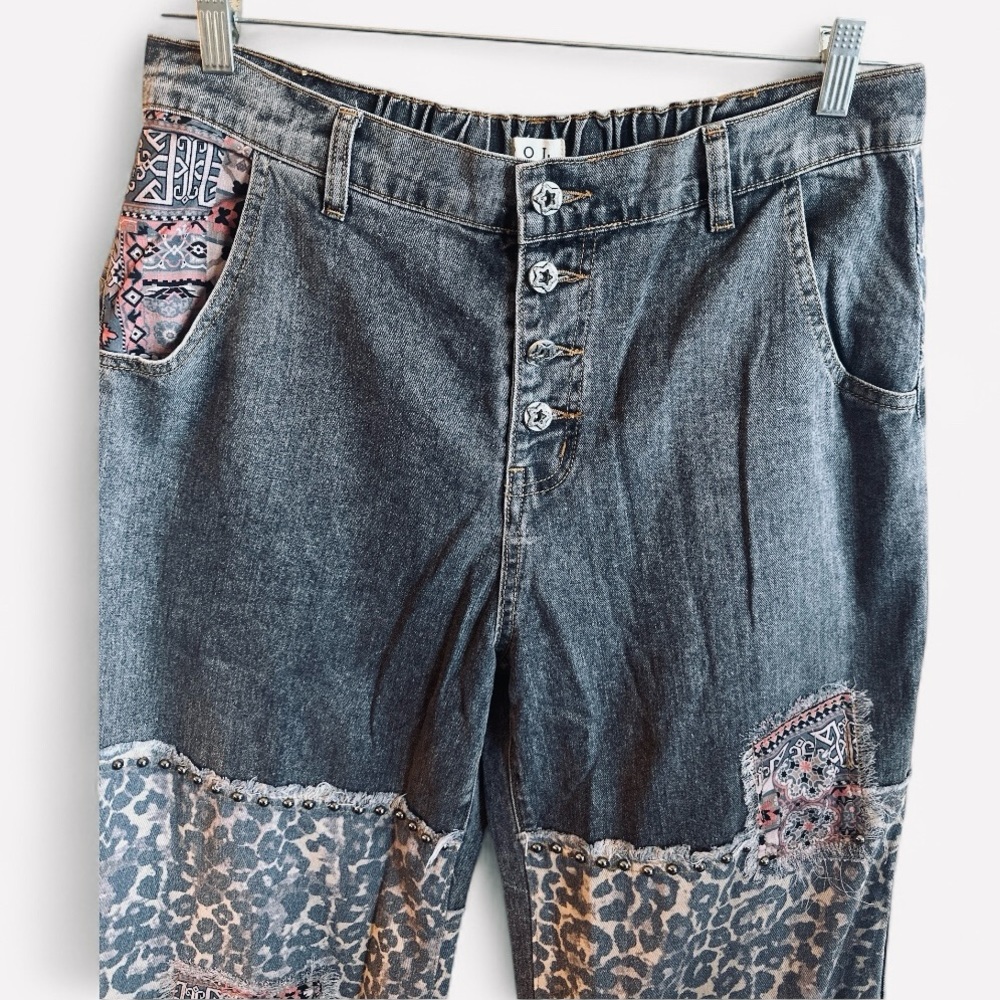 POL Studded Patch Jeans Size Large Charcoal Gray High Rise Button Fly Wide Leg - Picture 4 of 15